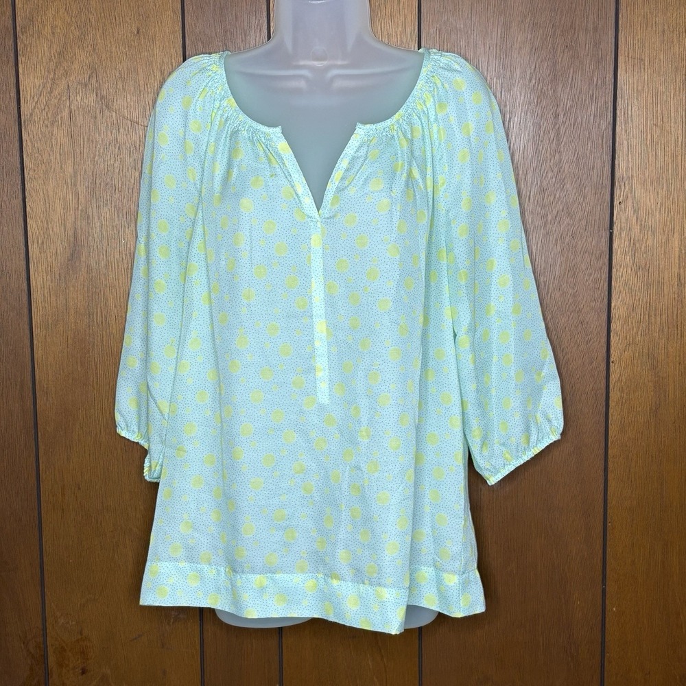 Ann Taylor Loft Blouse Women M Green Yellow Polka Dot Peasant Minimalist Boho